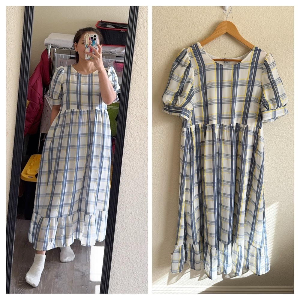 Polagram Plaid Puff Sleeve Maxi Dress- Size S